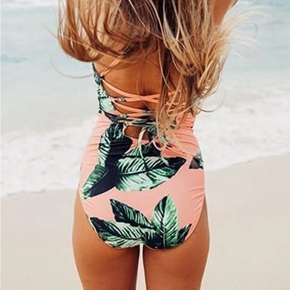 unbranded Other - Waikiki Hawaii Orange & Green Palm Leaf‎ One Piece Swimsuit Lace Up Back NWT